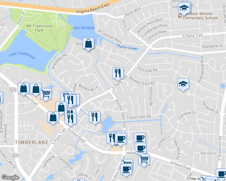 map of restaurants, bars, coffee shops, grocery stores, and more near 4148 South Plaza Trail in Virginia Beach