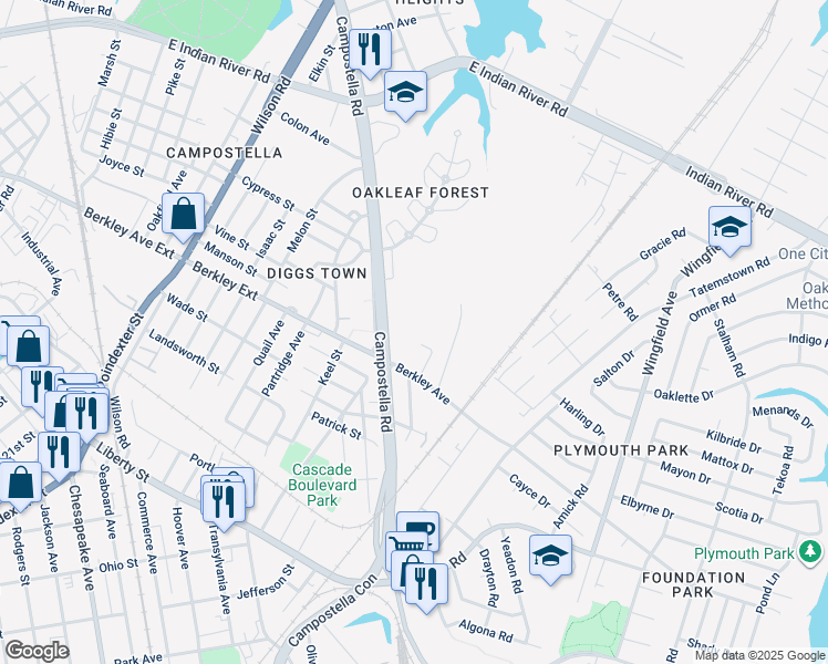 map of restaurants, bars, coffee shops, grocery stores, and more near 2300 Berkley Avenue in Chesapeake