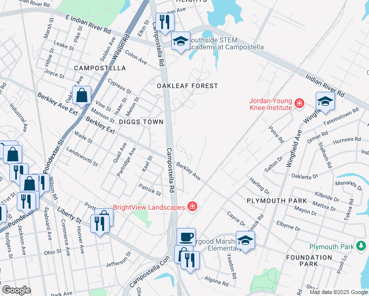 map of restaurants, bars, coffee shops, grocery stores, and more near 2300 Berkley Avenue in Chesapeake