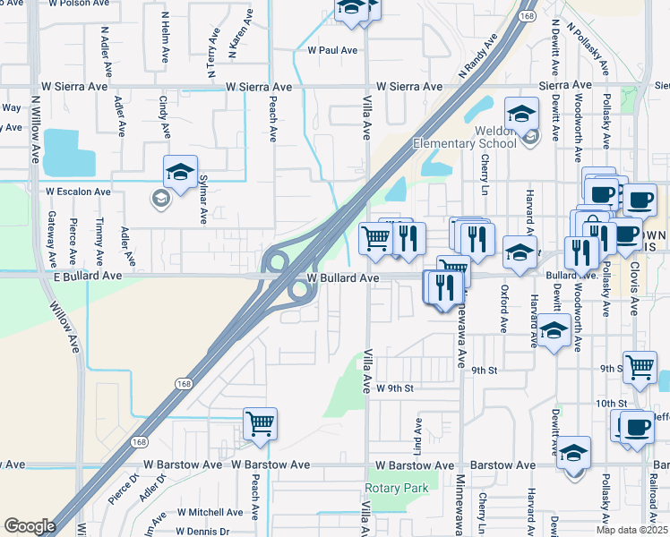 map of restaurants, bars, coffee shops, grocery stores, and more near 255 West Bullard Avenue in Clovis