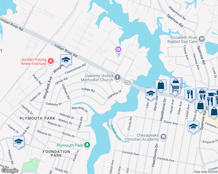map of restaurants, bars, coffee shops, grocery stores, and more near 3320 Saint Lawrence Drive in Chesapeake