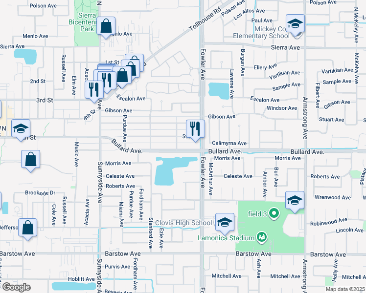 map of restaurants, bars, coffee shops, grocery stores, and more near 1723 Bullard Avenue in Clovis