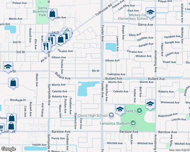 map of restaurants, bars, coffee shops, grocery stores, and more near 1723 Bullard Avenue in Clovis