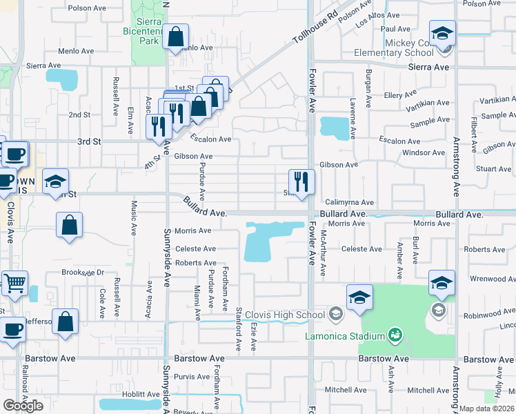 map of restaurants, bars, coffee shops, grocery stores, and more near 1663 Bullard Avenue in Clovis