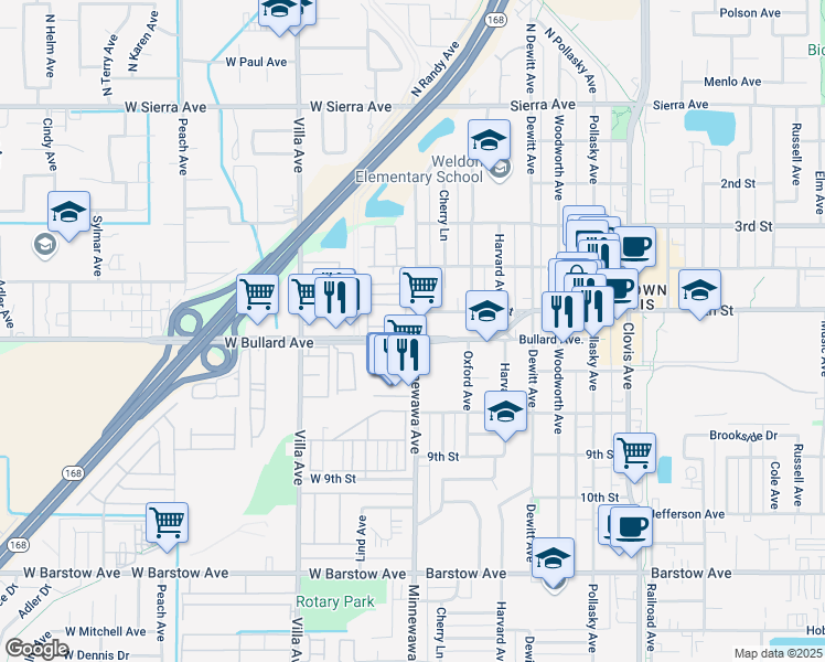 map of restaurants, bars, coffee shops, grocery stores, and more near in Clovis
