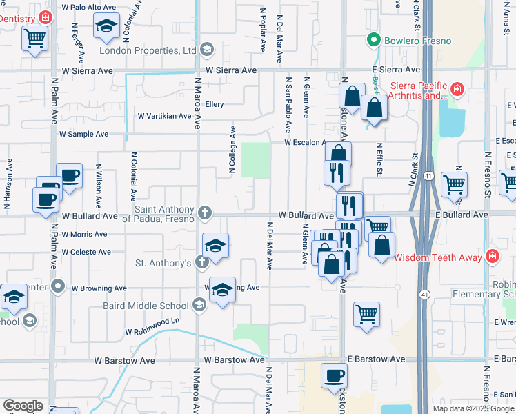 map of restaurants, bars, coffee shops, grocery stores, and more near 6039 North Poplar Avenue in Fresno
