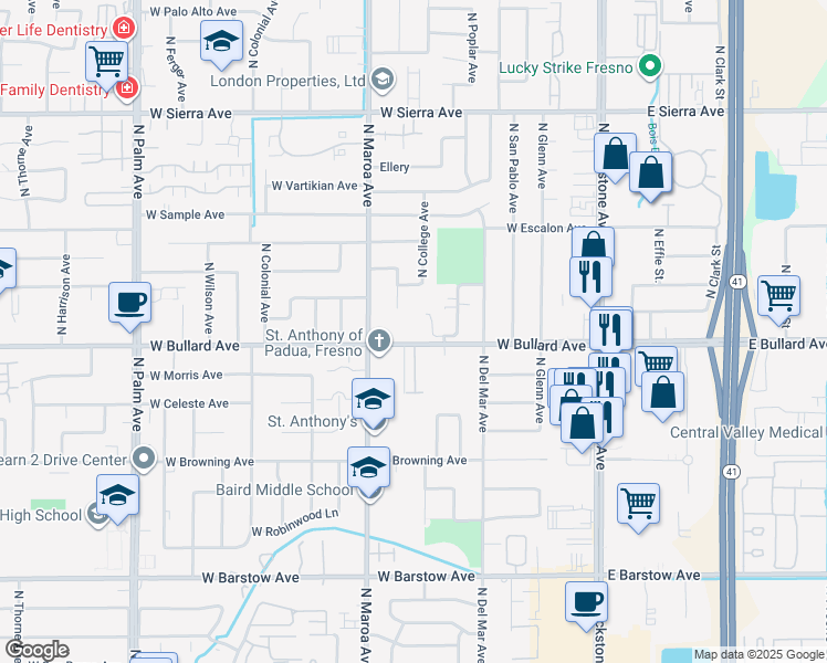 map of restaurants, bars, coffee shops, grocery stores, and more near 336 West Bullard Avenue in Fresno