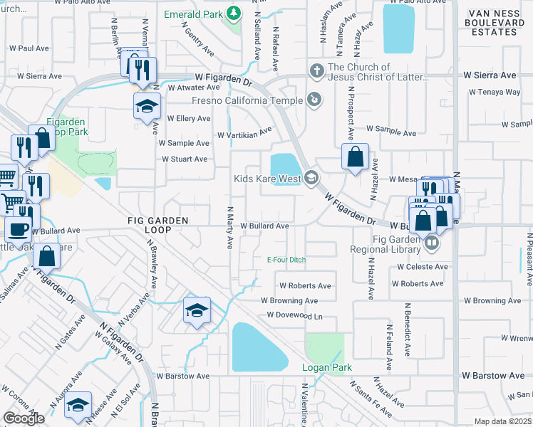 map of restaurants, bars, coffee shops, grocery stores, and more near 6045 North Selland Avenue in Fresno