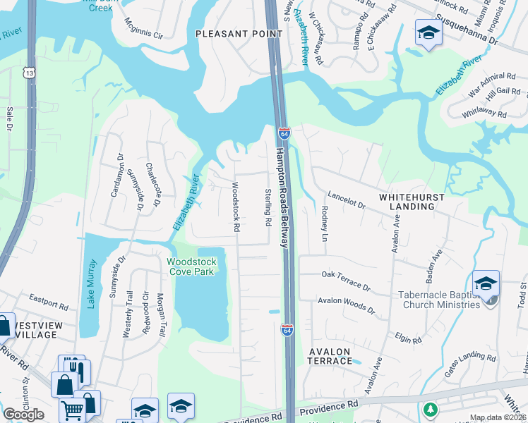 map of restaurants, bars, coffee shops, grocery stores, and more near 561 Sterling Road in Virginia Beach