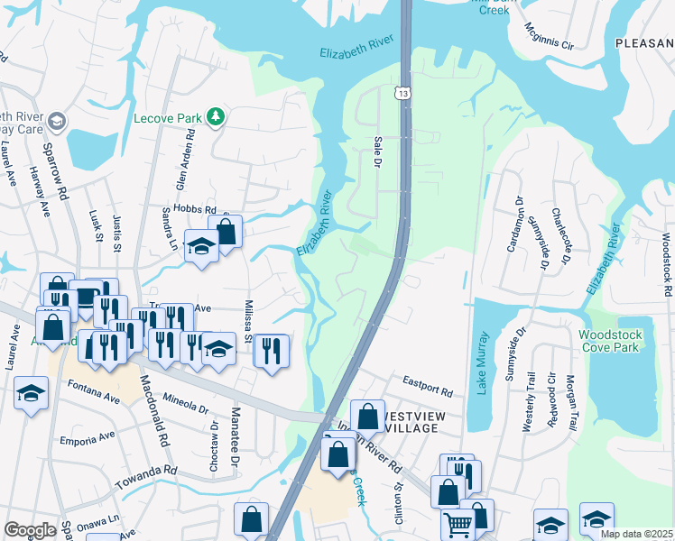 map of restaurants, bars, coffee shops, grocery stores, and more near 877 Whistling Swan Drive in Virginia Beach