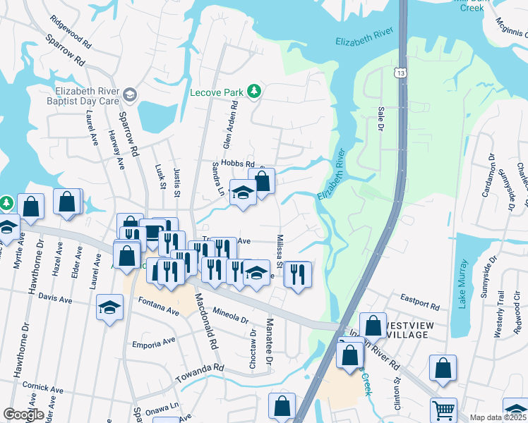map of restaurants, bars, coffee shops, grocery stores, and more near 3314 Sandra Lane in Virginia Beach
