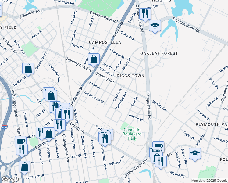 map of restaurants, bars, coffee shops, grocery stores, and more near 618 Leonard Avenue in Chesapeake