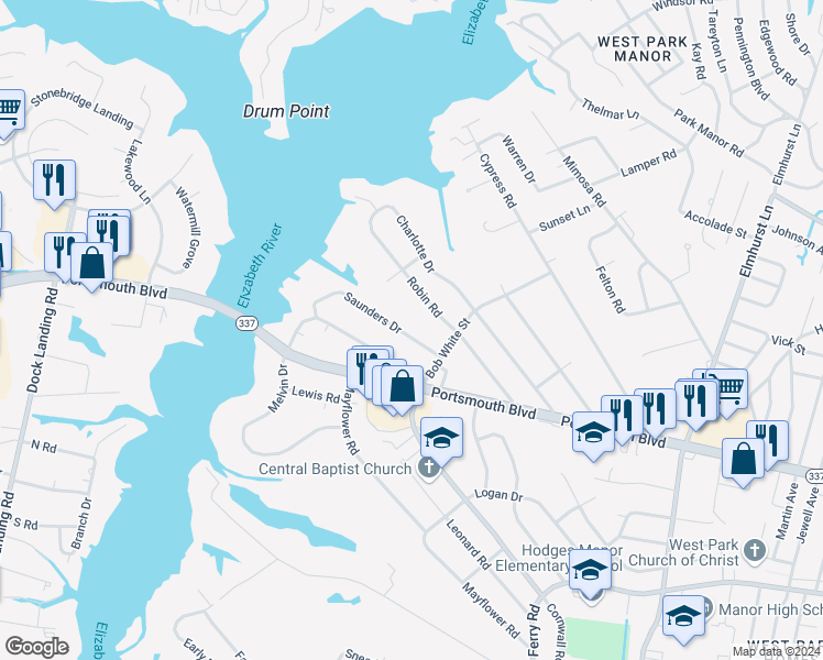 map of restaurants, bars, coffee shops, grocery stores, and more near 310 Saunders Drive in Portsmouth