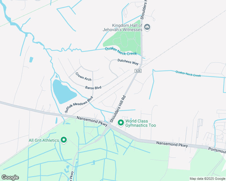 map of restaurants, bars, coffee shops, grocery stores, and more near 319 Page Pl in Suffolk