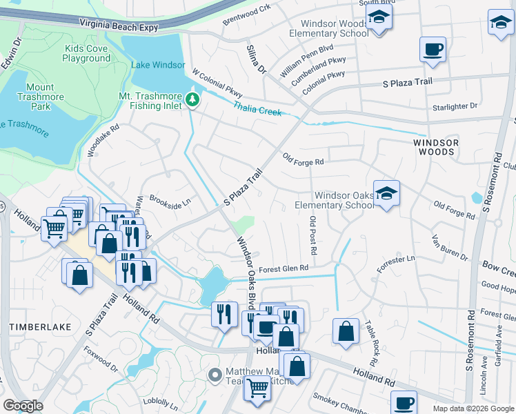 map of restaurants, bars, coffee shops, grocery stores, and more near 3908 Wood Gate Lane in Virginia Beach