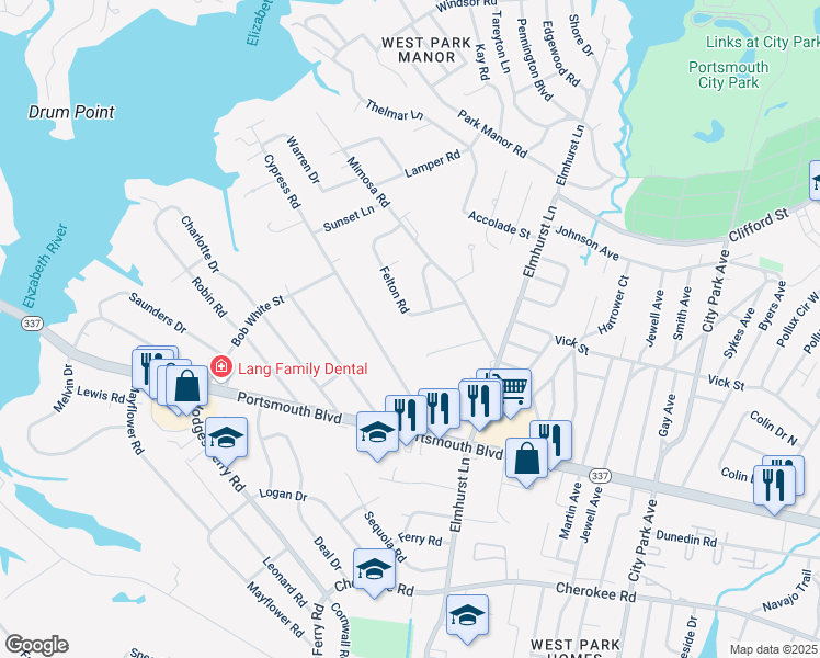map of restaurants, bars, coffee shops, grocery stores, and more near 309 Felton Road in Portsmouth