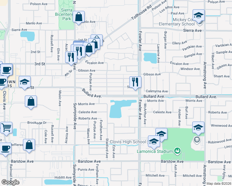 map of restaurants, bars, coffee shops, grocery stores, and more near 1663 Bullard Avenue in Clovis