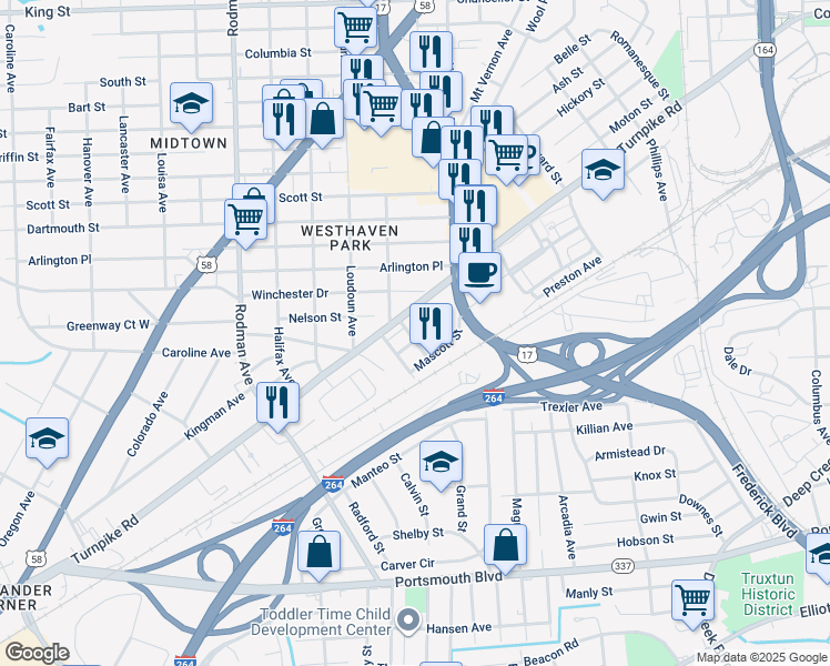 map of restaurants, bars, coffee shops, grocery stores, and more near 207 Pullman Avenue in Portsmouth