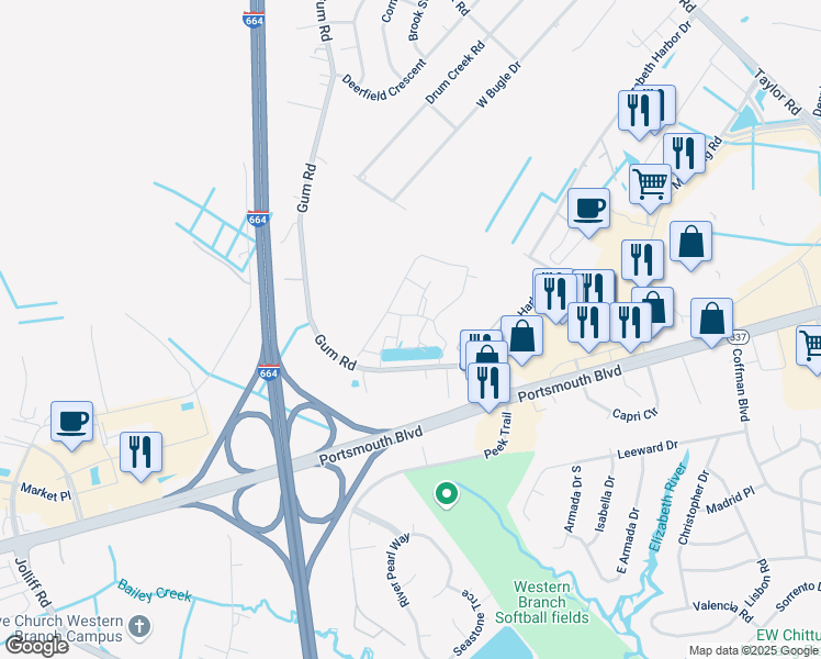 map of restaurants, bars, coffee shops, grocery stores, and more near 4308 Hillingdon Bend in Chesapeake