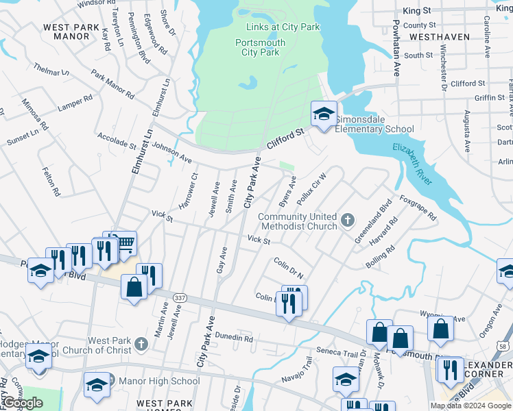 map of restaurants, bars, coffee shops, grocery stores, and more near 106 Beaton Drive in Portsmouth