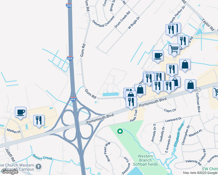 map of restaurants, bars, coffee shops, grocery stores, and more near Hillingdon Bend in Chesapeake