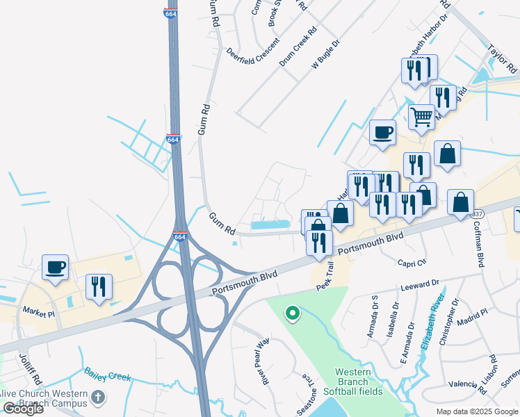 map of restaurants, bars, coffee shops, grocery stores, and more near 4324 Hillingdon Bend in Chesapeake