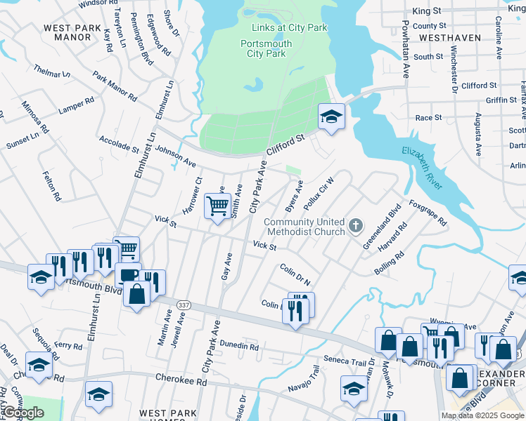 map of restaurants, bars, coffee shops, grocery stores, and more near 106 Beaton Drive in Portsmouth