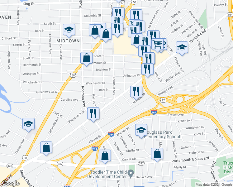 map of restaurants, bars, coffee shops, grocery stores, and more near 1805 Loudoun Avenue in Portsmouth