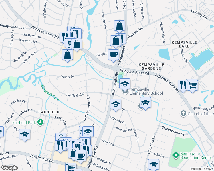 map of restaurants, bars, coffee shops, grocery stores, and more near 509 Pleasant Hall Drive in Virginia Beach