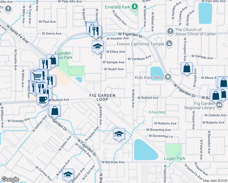 map of restaurants, bars, coffee shops, grocery stores, and more near 6043 North Knoll Avenue in Fresno