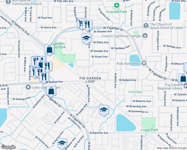 map of restaurants, bars, coffee shops, grocery stores, and more near 6044 North Gentry Avenue in Fresno