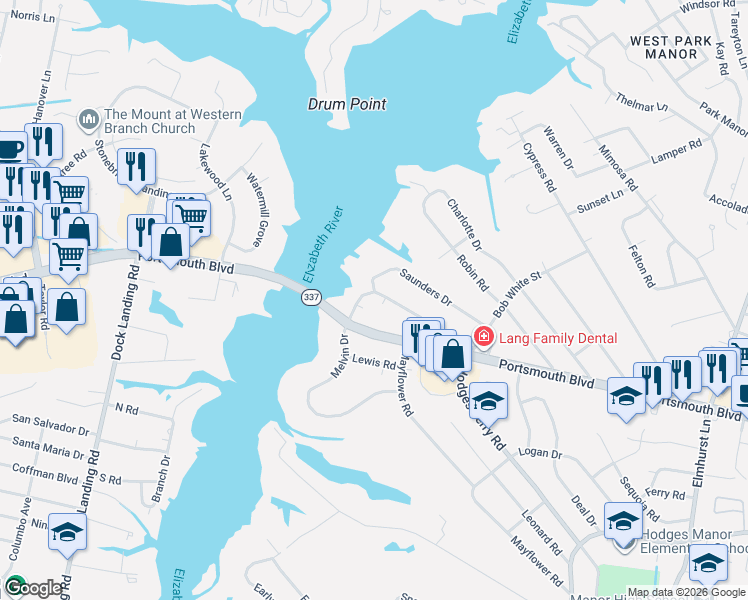 map of restaurants, bars, coffee shops, grocery stores, and more near 833 Melvin Drive in Portsmouth