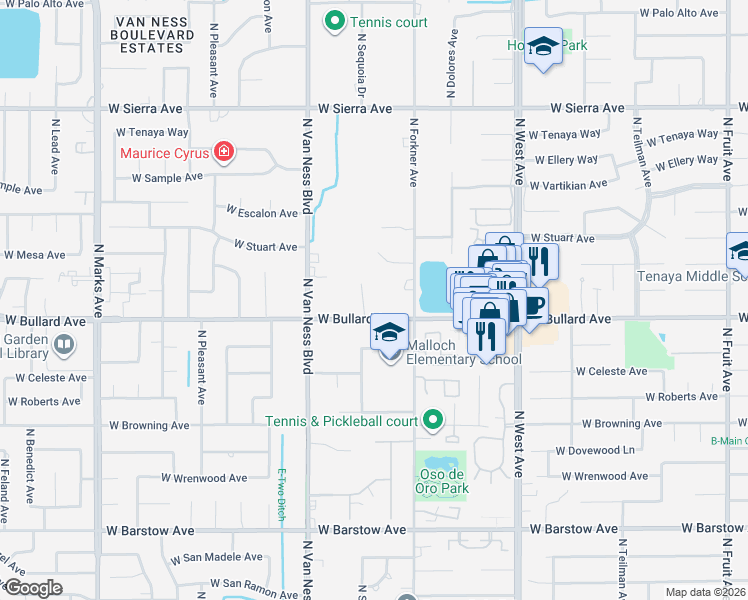 map of restaurants, bars, coffee shops, grocery stores, and more near 2240 West Bullard Avenue in Fresno