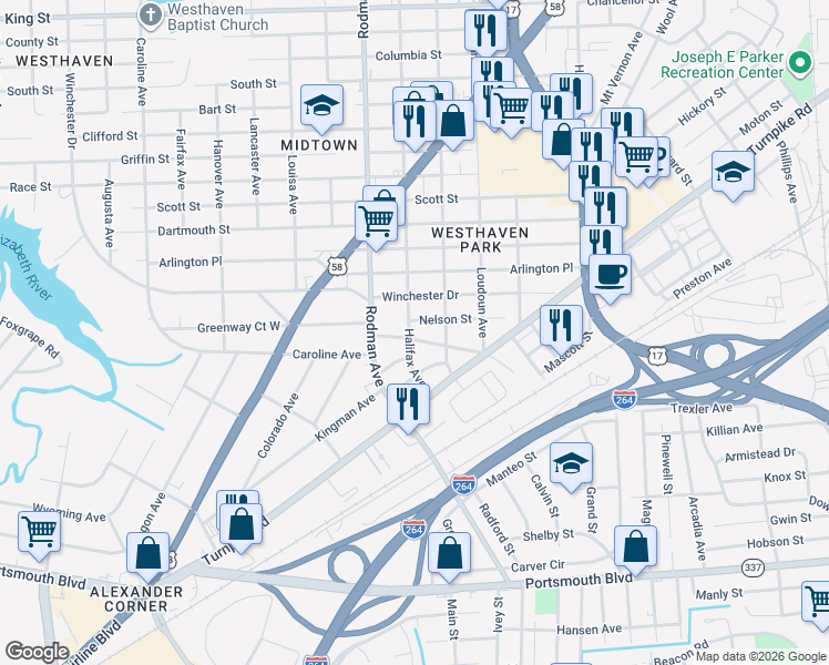 map of restaurants, bars, coffee shops, grocery stores, and more near 3512 Commonwealth Avenue in Portsmouth