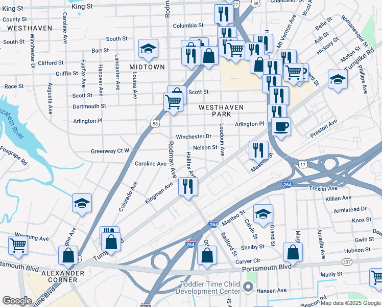 map of restaurants, bars, coffee shops, grocery stores, and more near 3512 Commonwealth Avenue in Portsmouth