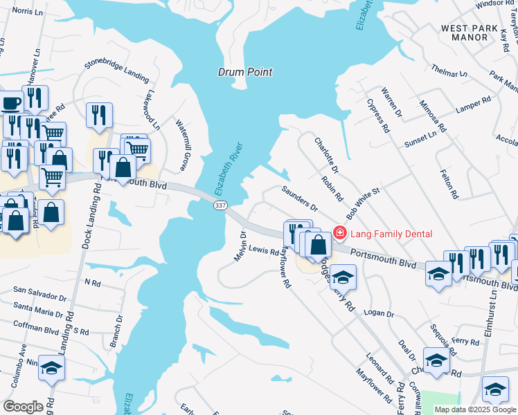 map of restaurants, bars, coffee shops, grocery stores, and more near 901 Melvin Dr in Portsmouth