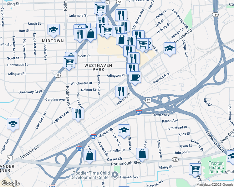 map of restaurants, bars, coffee shops, grocery stores, and more near 207 Pullman Avenue in Portsmouth