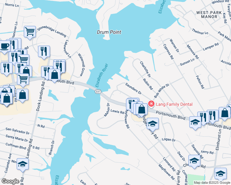 map of restaurants, bars, coffee shops, grocery stores, and more near 901 Melvin Dr in Portsmouth
