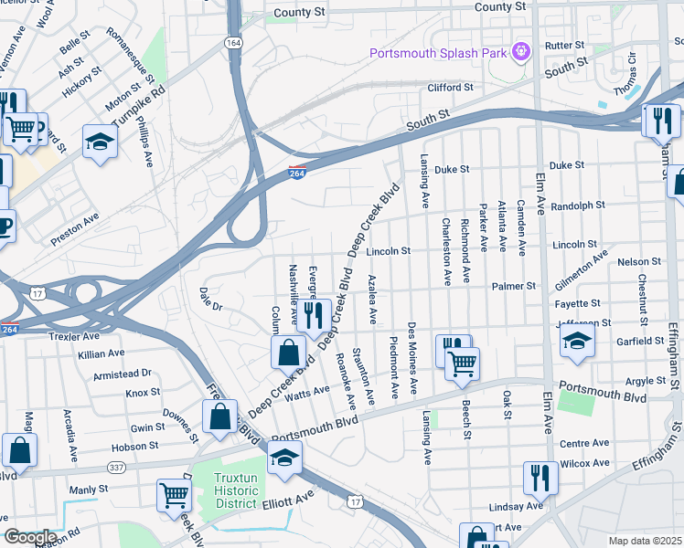 map of restaurants, bars, coffee shops, grocery stores, and more near 1912 Deep Creek Boulevard in Portsmouth