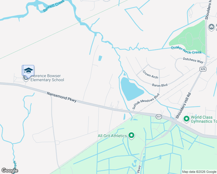 map of restaurants, bars, coffee shops, grocery stores, and more near 4133 Berwyn Way in Suffolk