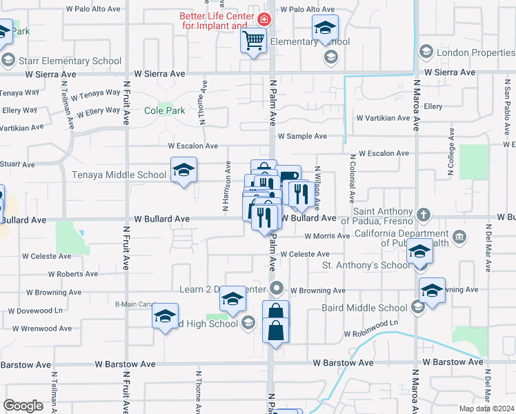 map of restaurants, bars, coffee shops, grocery stores, and more near 6041 North Palm Avenue in Fresno