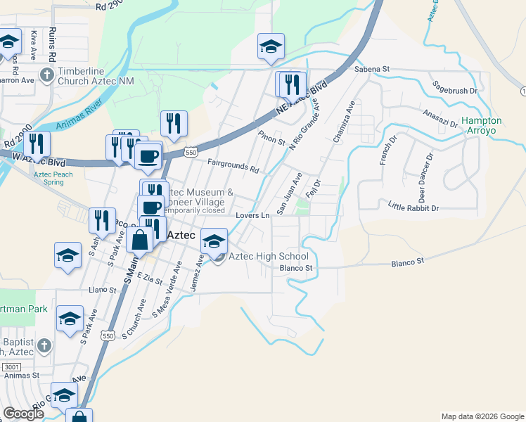 map of restaurants, bars, coffee shops, grocery stores, and more near 304 North Rio Grande Avenue in Aztec