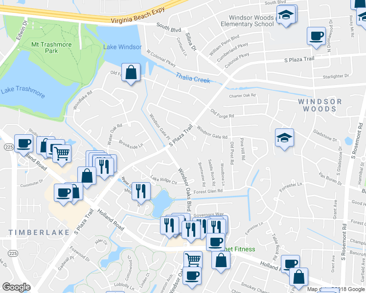 map of restaurants, bars, coffee shops, grocery stores, and more near 3909 Wood Gate Lane in Virginia Beach