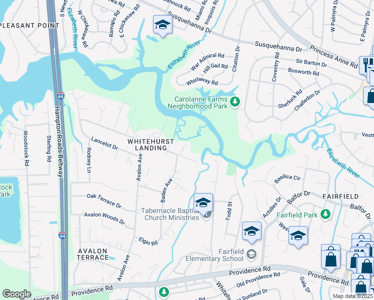 map of restaurants, bars, coffee shops, grocery stores, and more near 5604 Normandy Avenue in Virginia Beach