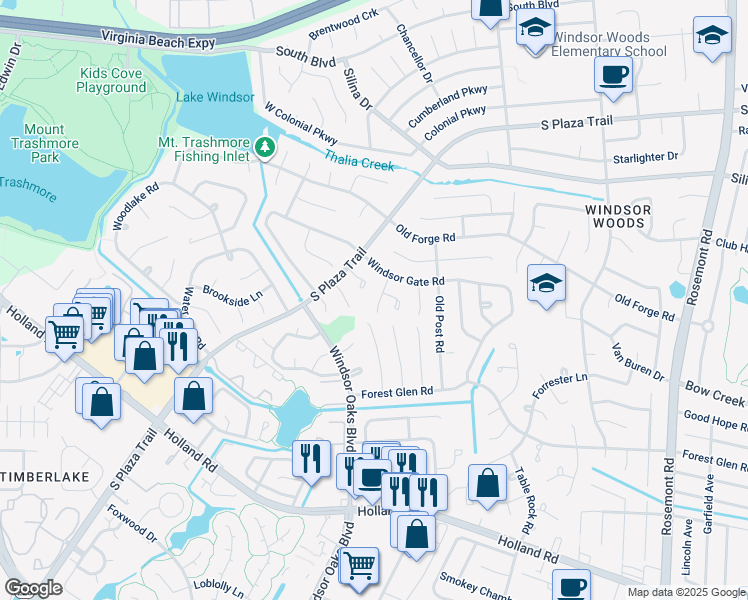 map of restaurants, bars, coffee shops, grocery stores, and more near 565 Old Colony Lane in Virginia Beach