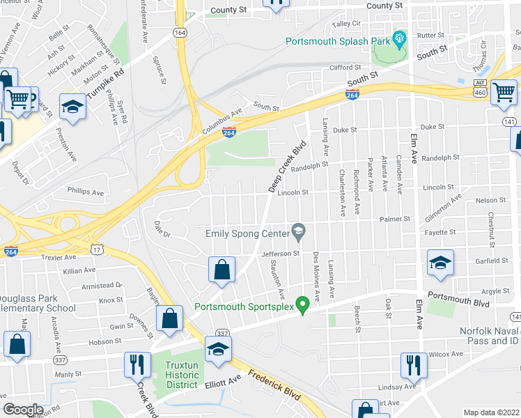 map of restaurants, bars, coffee shops, grocery stores, and more near 1912 Deep Creek Boulevard in Portsmouth