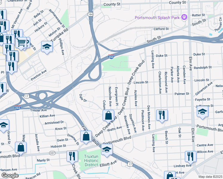 map of restaurants, bars, coffee shops, grocery stores, and more near 1917 Nashville Avenue in Portsmouth