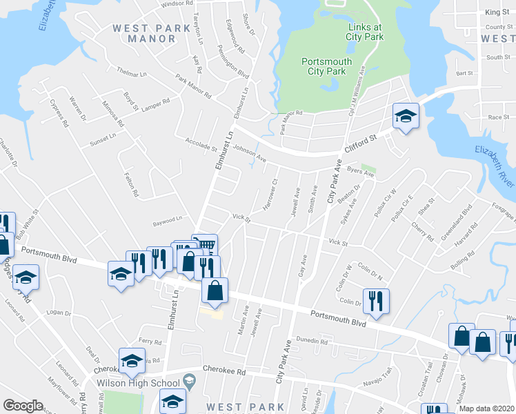 map of restaurants, bars, coffee shops, grocery stores, and more near 107 Maurice Avenue in Portsmouth