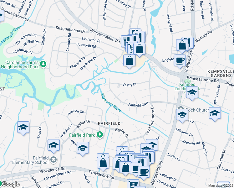 map of restaurants, bars, coffee shops, grocery stores, and more near 513 Gaskin Circle in Virginia Beach