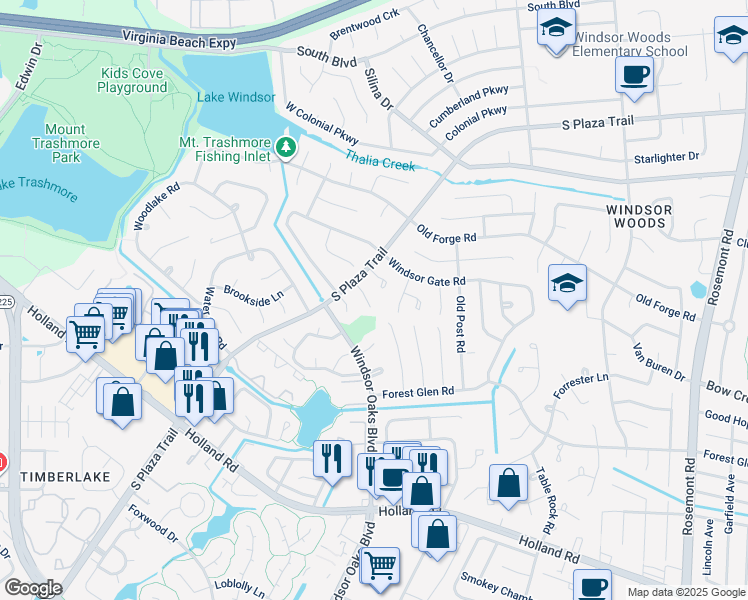 map of restaurants, bars, coffee shops, grocery stores, and more near 3908 Wood Gate Lane in Virginia Beach